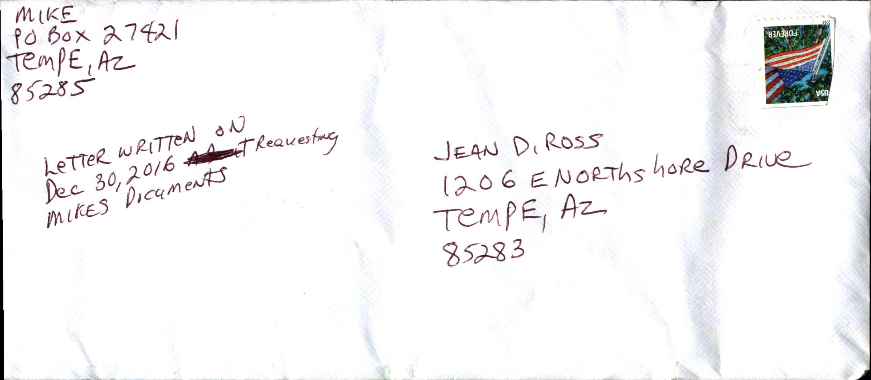 Mailed Sat Dec 31, 2016 letter to Jean